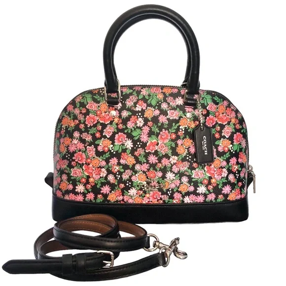 COACH Sierra Posey Cluster Floral Coated Canvas Satchel Bag Black/Pink Wallet - Picture 11 of 12